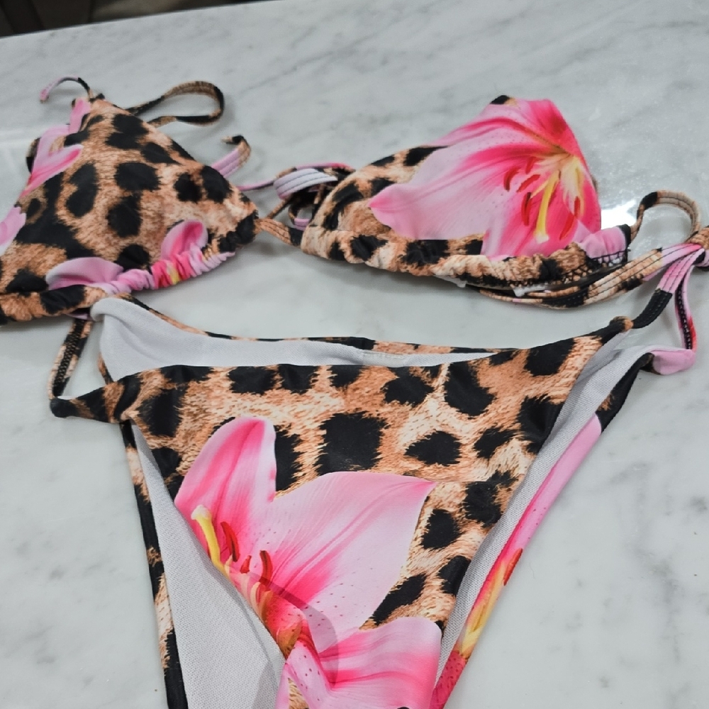 Leopard Print Bikini with Pink Floral Accents